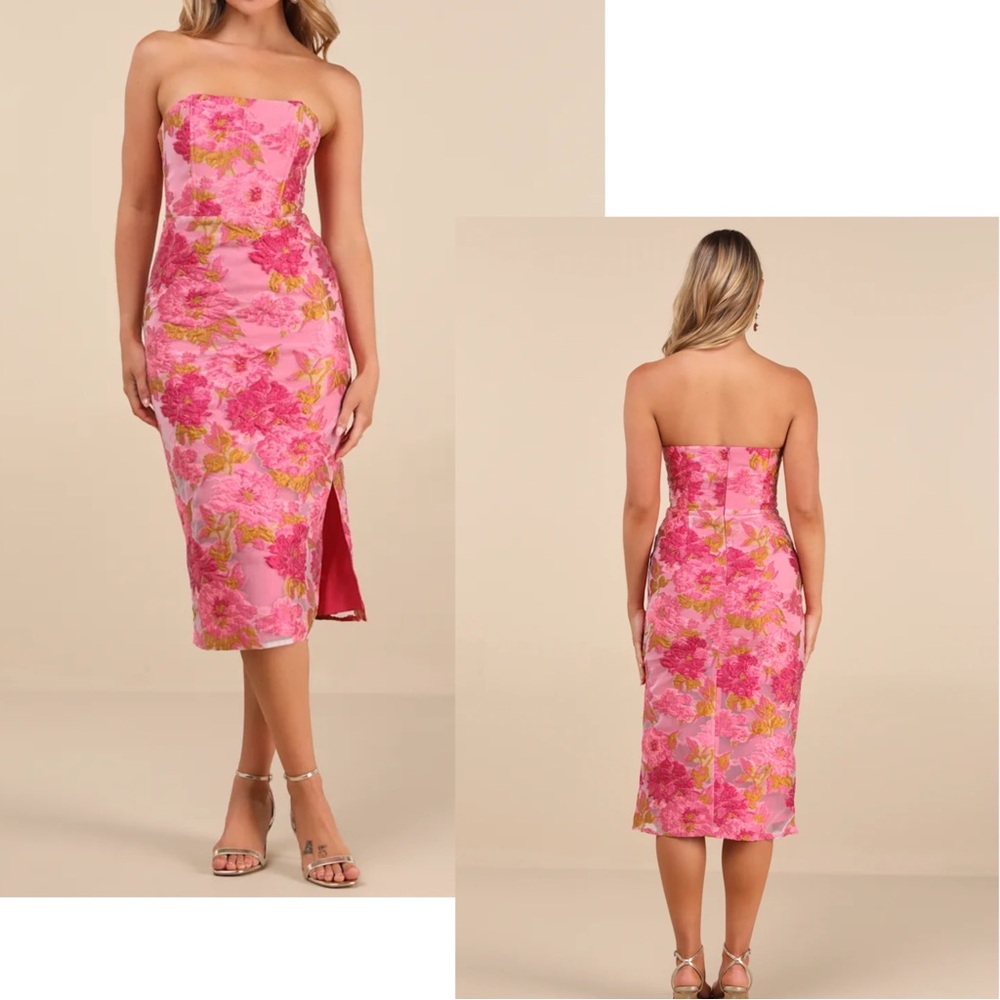 Lulus Upgraded Event Pink Jacquard Strapless Bustier Midi Dress, size M